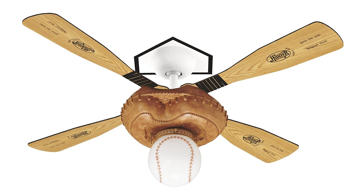 Hunter 23252 Baseball 44-Inch Single Light 4-Blade Ceiling Fan, Leather-Look Mitt Base with 4 Pine/Aluminum Blades and Baseball Light