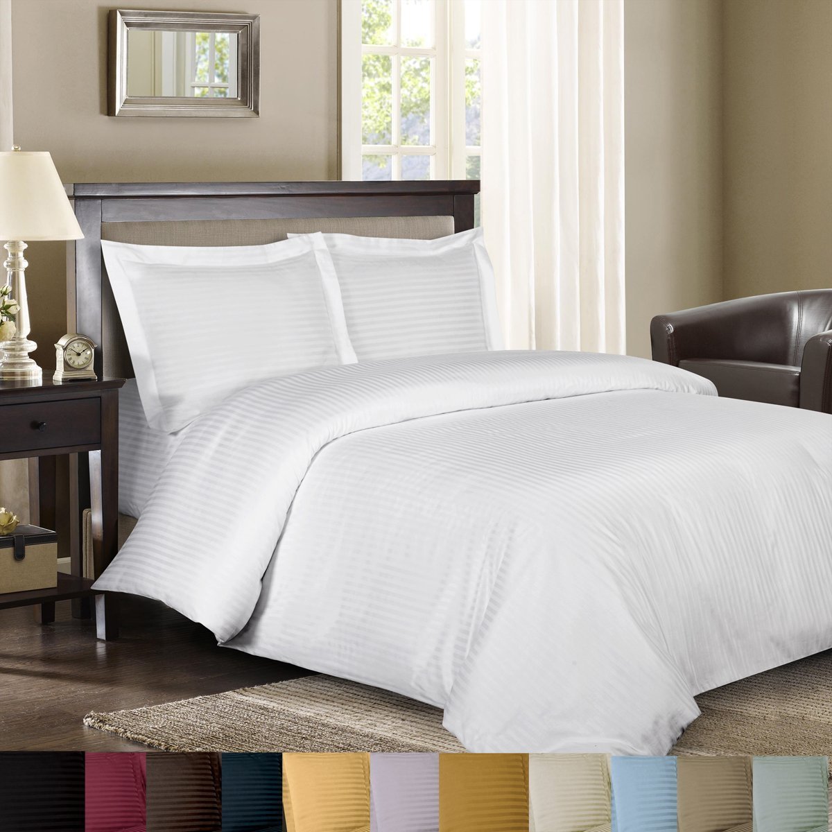 Royal Hotel Sateen Striped 300-Thread-Count 3-Piece Cotton King Duvet-Cover Set, White