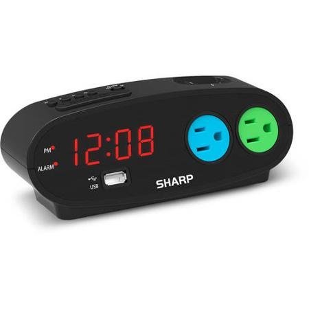 Sharp Alarm with snooze, USB and 2 power Outlets, Black