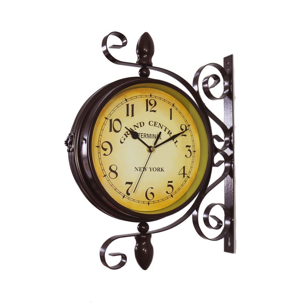 Wrought Iron Vintage-inspired Rotatable Double Sided Wall Clock - Double Faced Train Station Style Round Chandelier Wall Hanging Metal Clock Home Décor Wall Clock Art Clock 360 Degree Rotation
