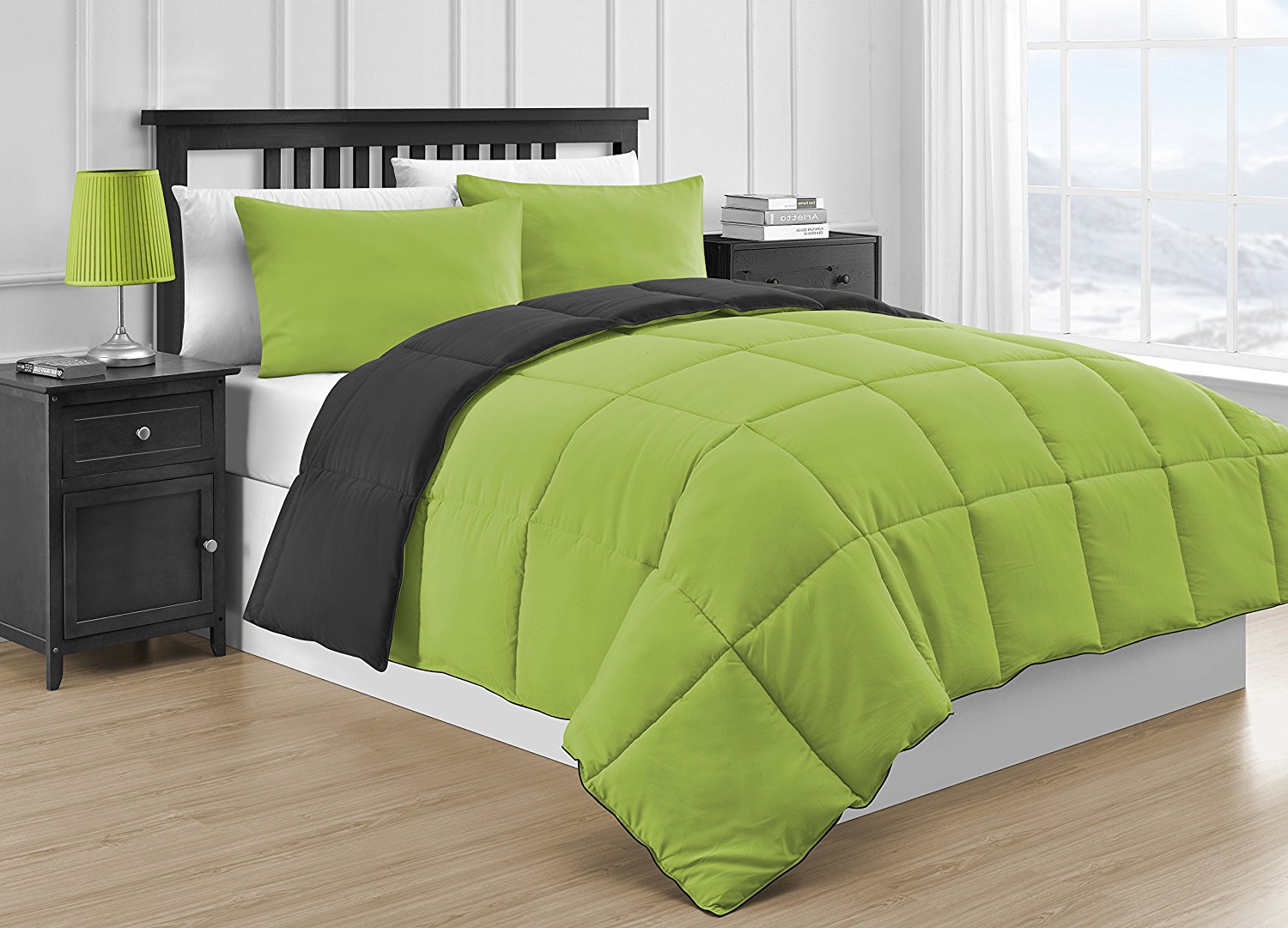 Comfy Bedding Reversible Microfiber Black & Lime Green 3-Piece Comforter Set (Queen, Black & Lime Green)