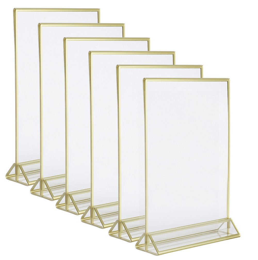 Super Star Quality Clear Acrylic Double Sided Frames Display Holder with Vertical Stand and 3mm Gold Border, 5 x 7-Inches (Pack of 6)
