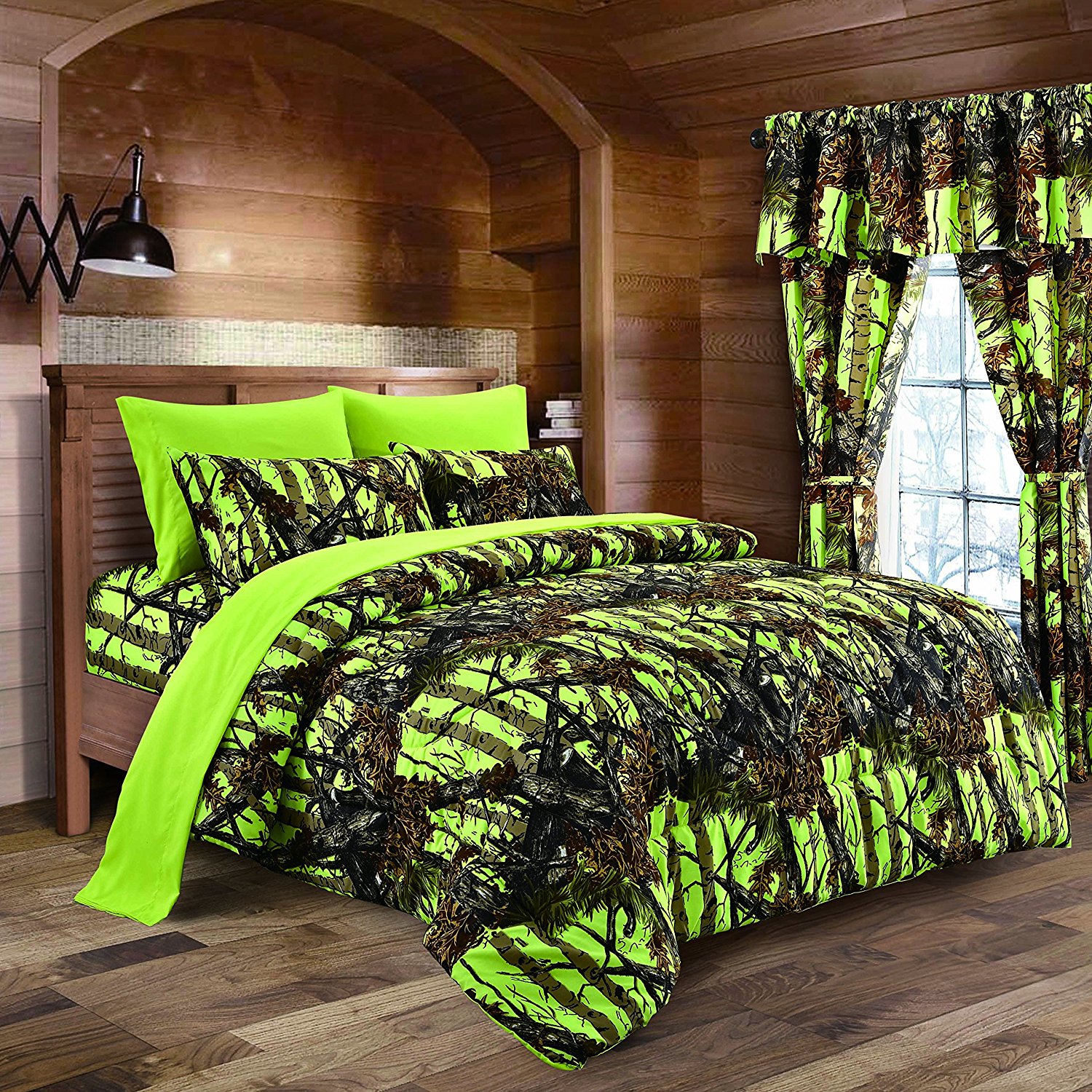 The Woods Lime Green Camouflage Full 8pc Premium Luxury Comforter, Sheet, Pillowcases, and Bed Skirt Set by Regal Comfort Camo Bedding Set For Hunters Cabin or Rustic Lodge Teens Boys and Girls