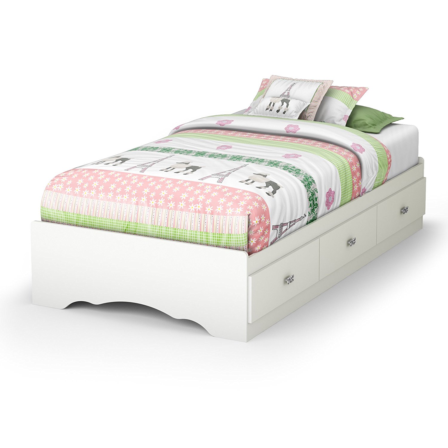Tiara Collection Twin Bed with Storage - Platform Bed with 3 Drawers - Pure White by South Shore