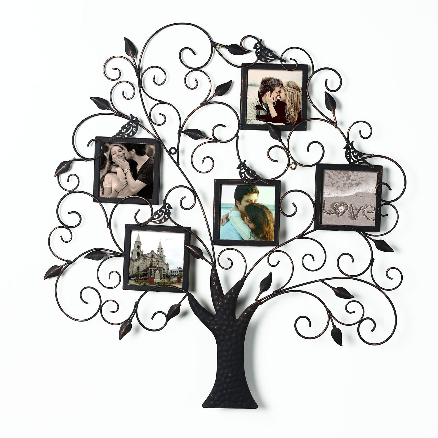 Adeco PF0588 Brown Black Decorative Tree Style Collage Iron Metal Wall Family Tree Scroll Hanging Picture Photo Frame, 5 Opening , 4x4" Each, Black with Antique Finish
