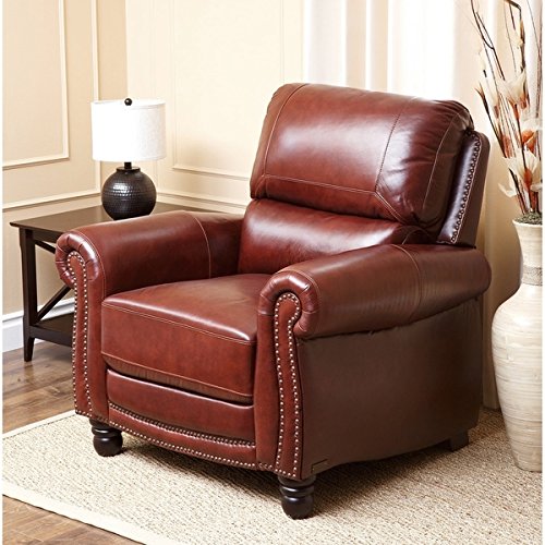 Abbyson Baron Hand Rubbed Living Room Pushback Leather Recliner in Dark Brown