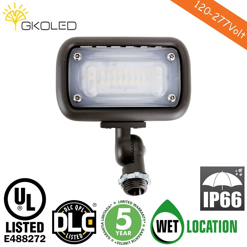 15W Outdoor LED Flood Security Lights, Waterproof Landscape Lighting, 50W PSMH Equivalent, 1370 Lumens, 3000K Warm White, 120-277V, 1/2" Knuckle Mount, UL-listed and DLC Qualiified, 5 Years Warranty