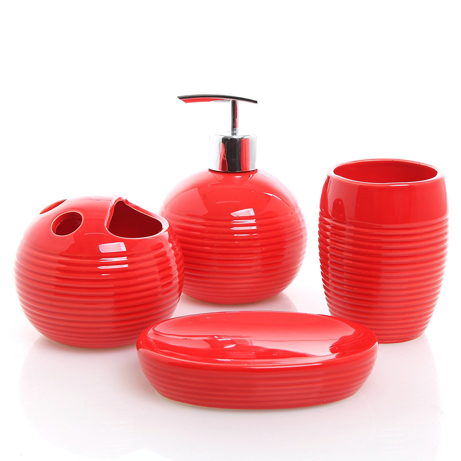 4 Piece Red Ceramic Full Bathroom Accessory Set - Toothbrush Holder, Tumbler, Soap Dish, Pump Dispenser
