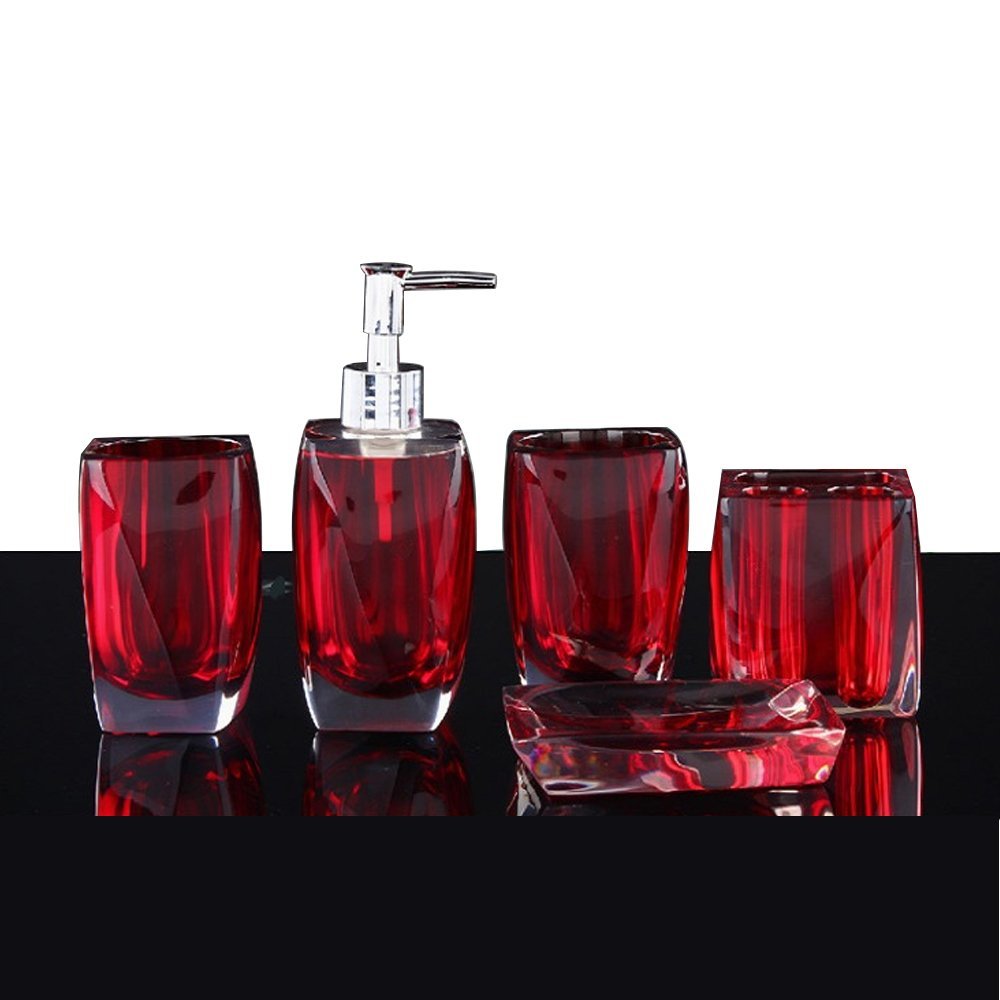 Bathroom Accessory Set Resin Soap Dish, Soap Dispenser, Toothbrush Holder & Tumbler (No tray, Red)
