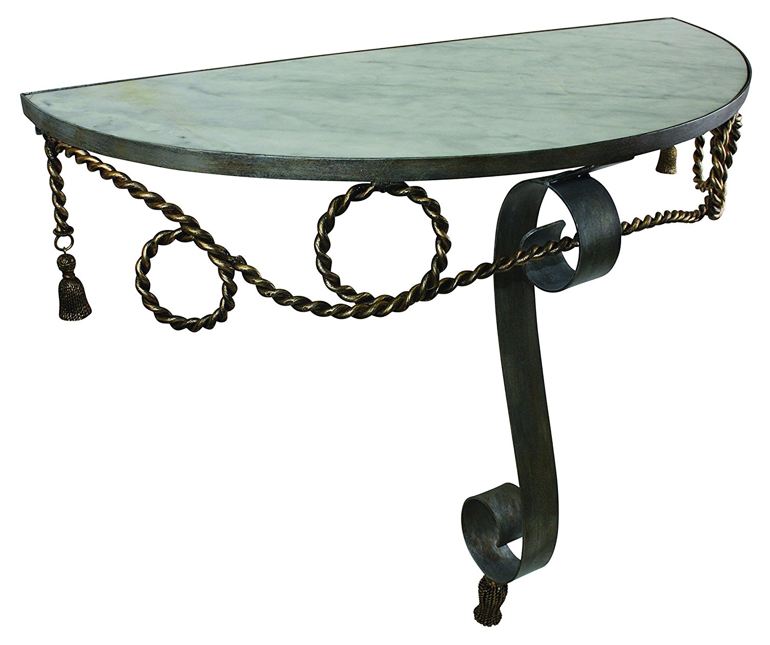 Demilune Console/Hall Table with Faux Steel and Antique Gold Finish with White Marble Top