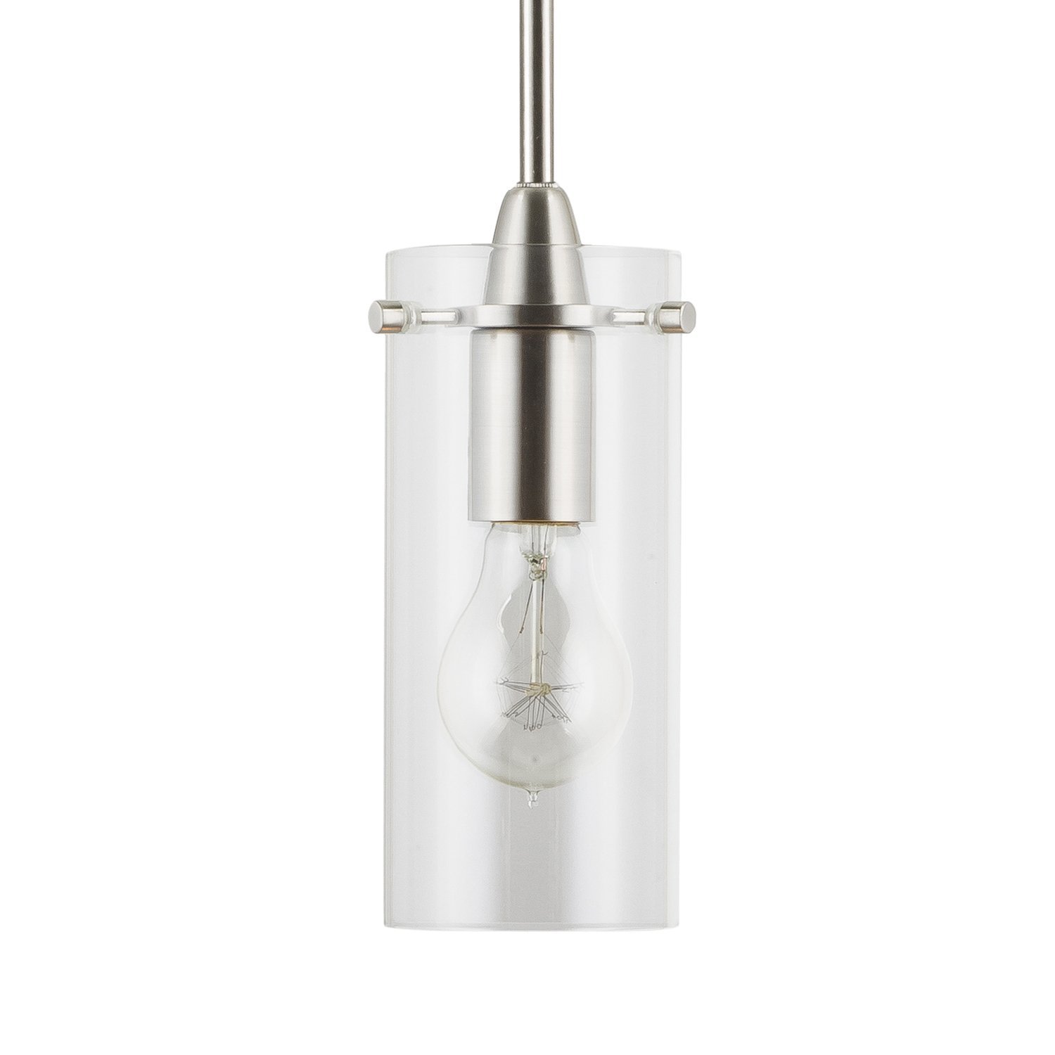 Effimero Small Stem Hung Clear Glass Contemporary Pendant Light. Brushed Nickel Fixture with Adjustable Hanging Height. Industrial Edison Modern Style. UL Listed, Linea di Liara LL-P311-BN
