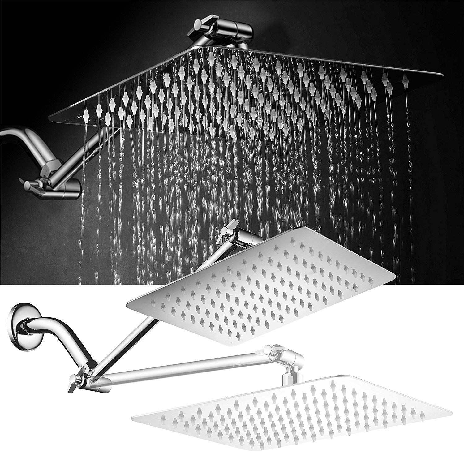 HotelSpa Giant 10" Stainless Steel Rainfall Square Showerhead with Solid Brass Adjustable Extension Arm