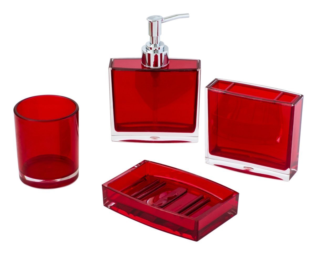 JustNile 4-Piece Bathroom Accessory Set - Basic Plastic Translucent Red