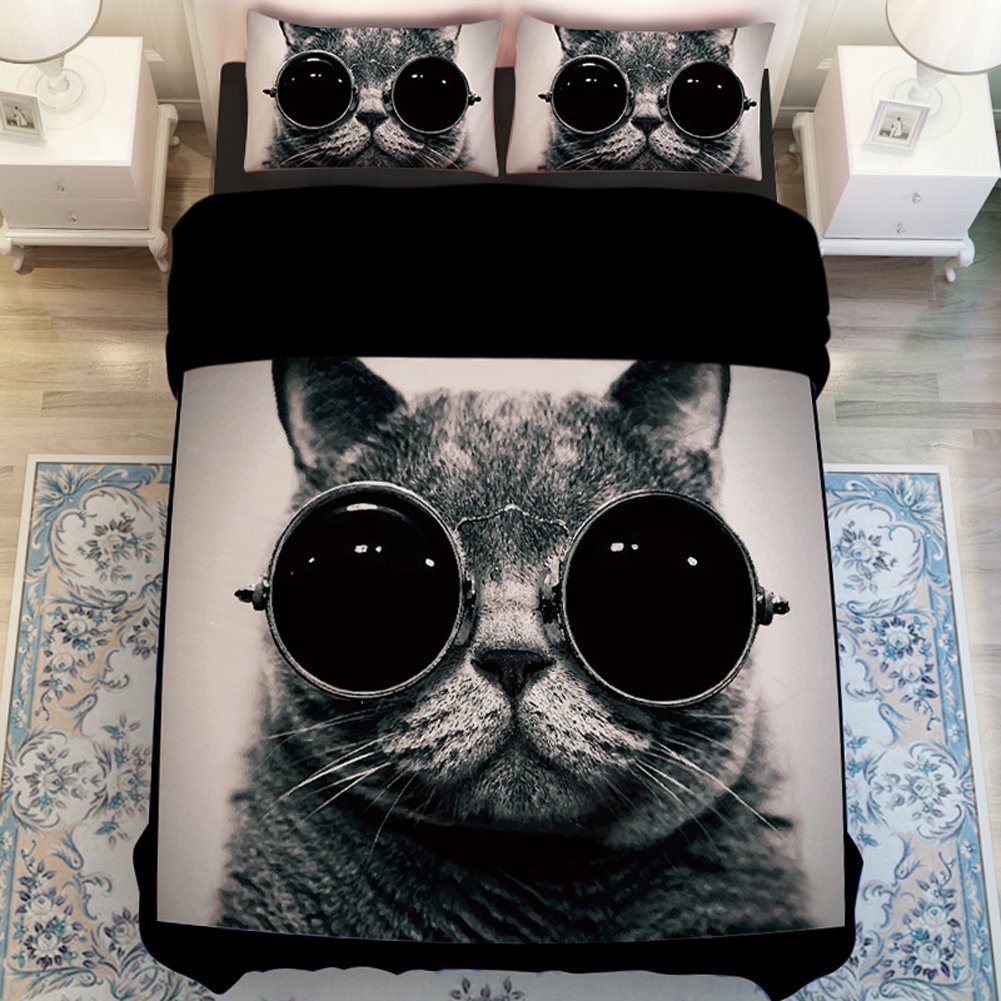 MeMoreCool Fashion Cat with Glasses Bedding Sets Cute Cat Duvet Cover Boys and Girls Bed Sheets Fade, Stain Resistant - 4 Pieces (Queen,Black)