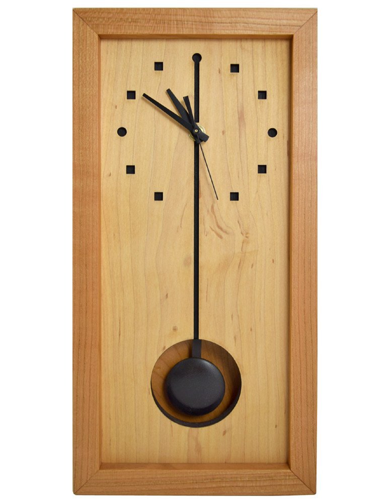 Modern American Made Rectangular Box Clock with Pendulum, Natural Cherry and Maple Wood, 16-Inch, Shelf or Wall
