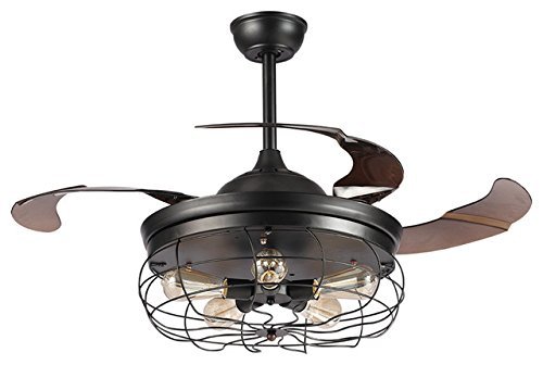 Parrot Uncle Industrial Ceiling fans with 5 Edison Bulbs Included 42" Black Vintage Ceiling Fan Lights with Remote Control 4 Retractable Blades