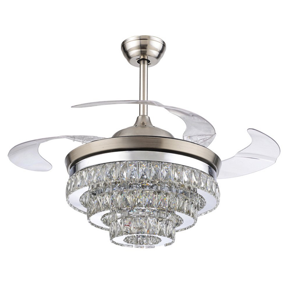 RS Lighting European Crystal Ceiling Fan-42 inch with Retractable Four Blades and Remote Control Silent Fan Chandelier for Indoor Living Bedroom-Chrome