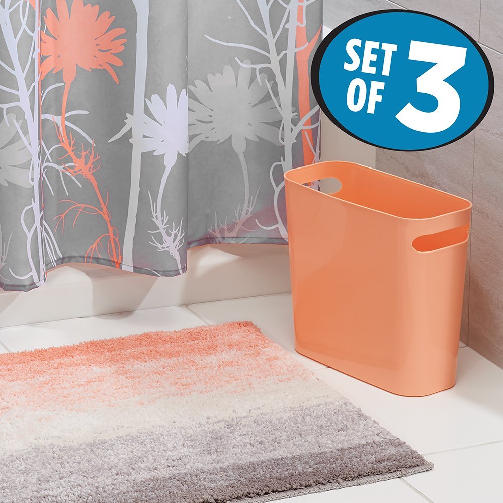 mDesign Floral Fabric Shower Curtain, Ombre Microfiber Bathroom Accent Rug, Wastebasket Trash Can - Set of 3, Coral/Gray