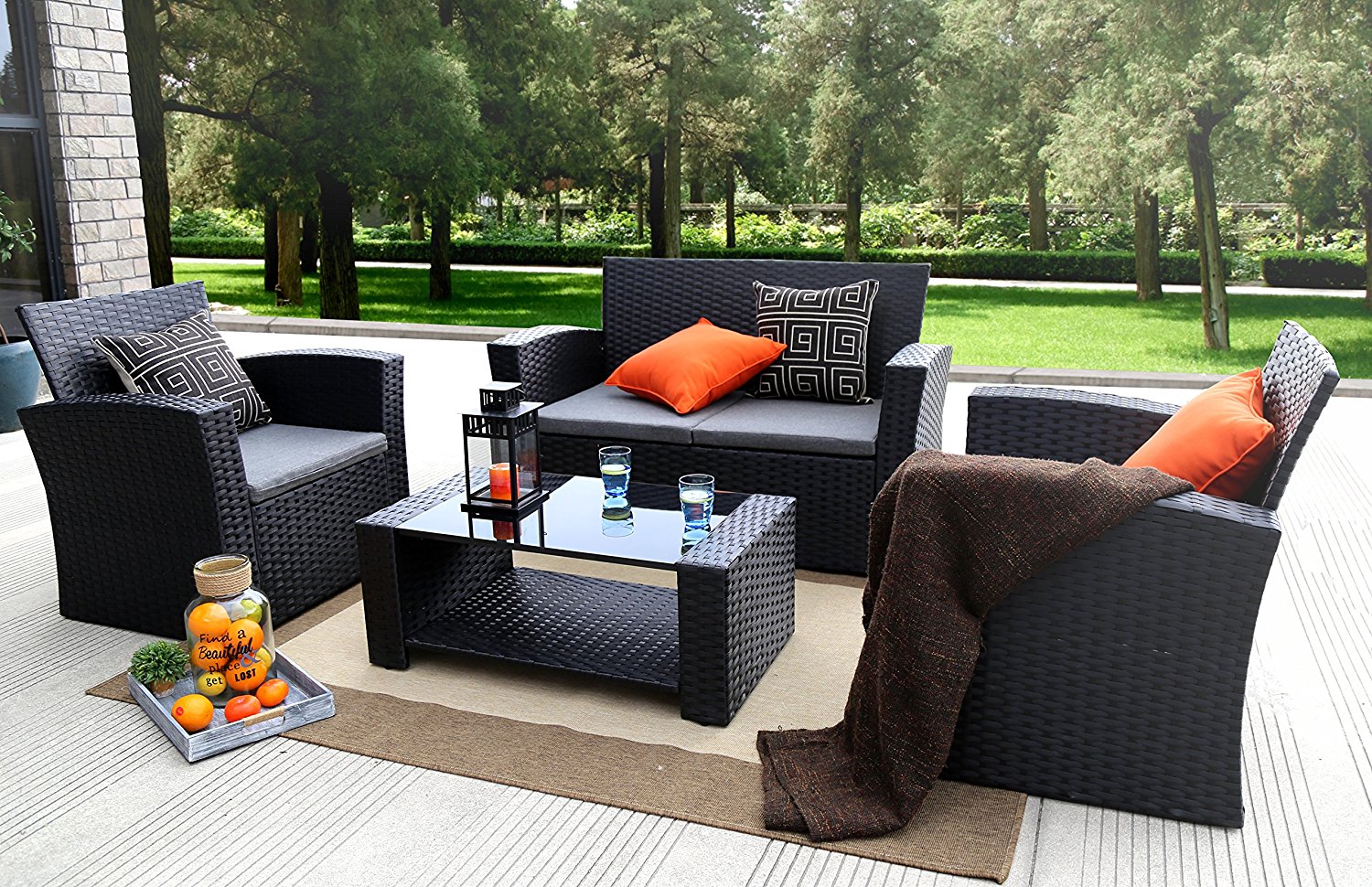 Baner Garden (N87) 4 Pieces Outdoor Furniture Complete Patio Cushion Wicker P.E Rattan Garden Set, Full, Black