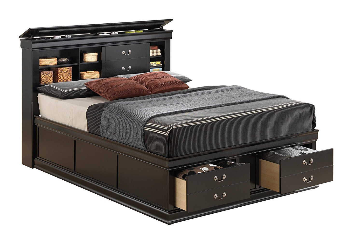 Traditional Storage Platform Bed in Black Finish (Queen - 61.25 in. L x 91.25 in. W x 48.5 in. H)